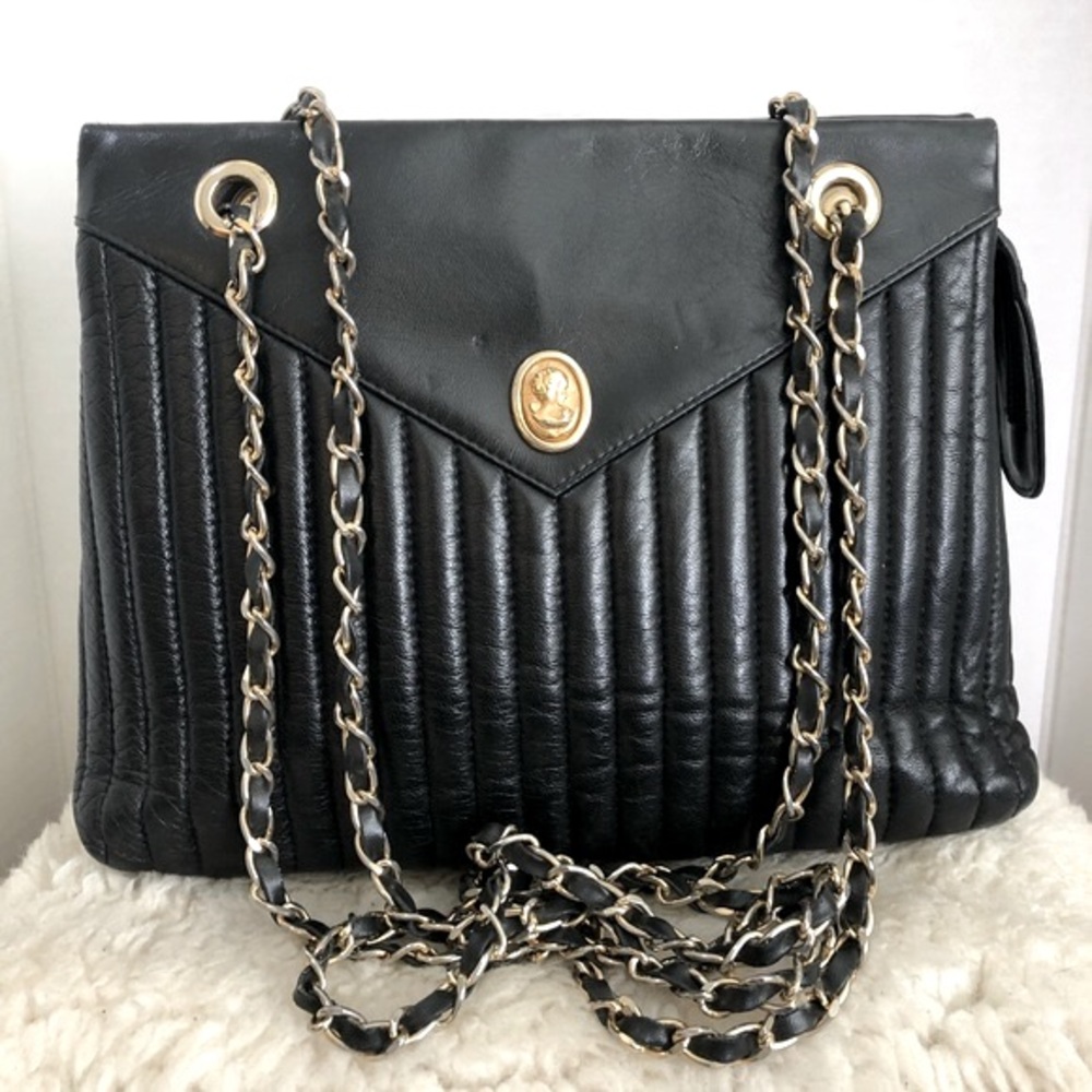 Fellini Italia Tote Quilted Cameo Black Leather Size Large